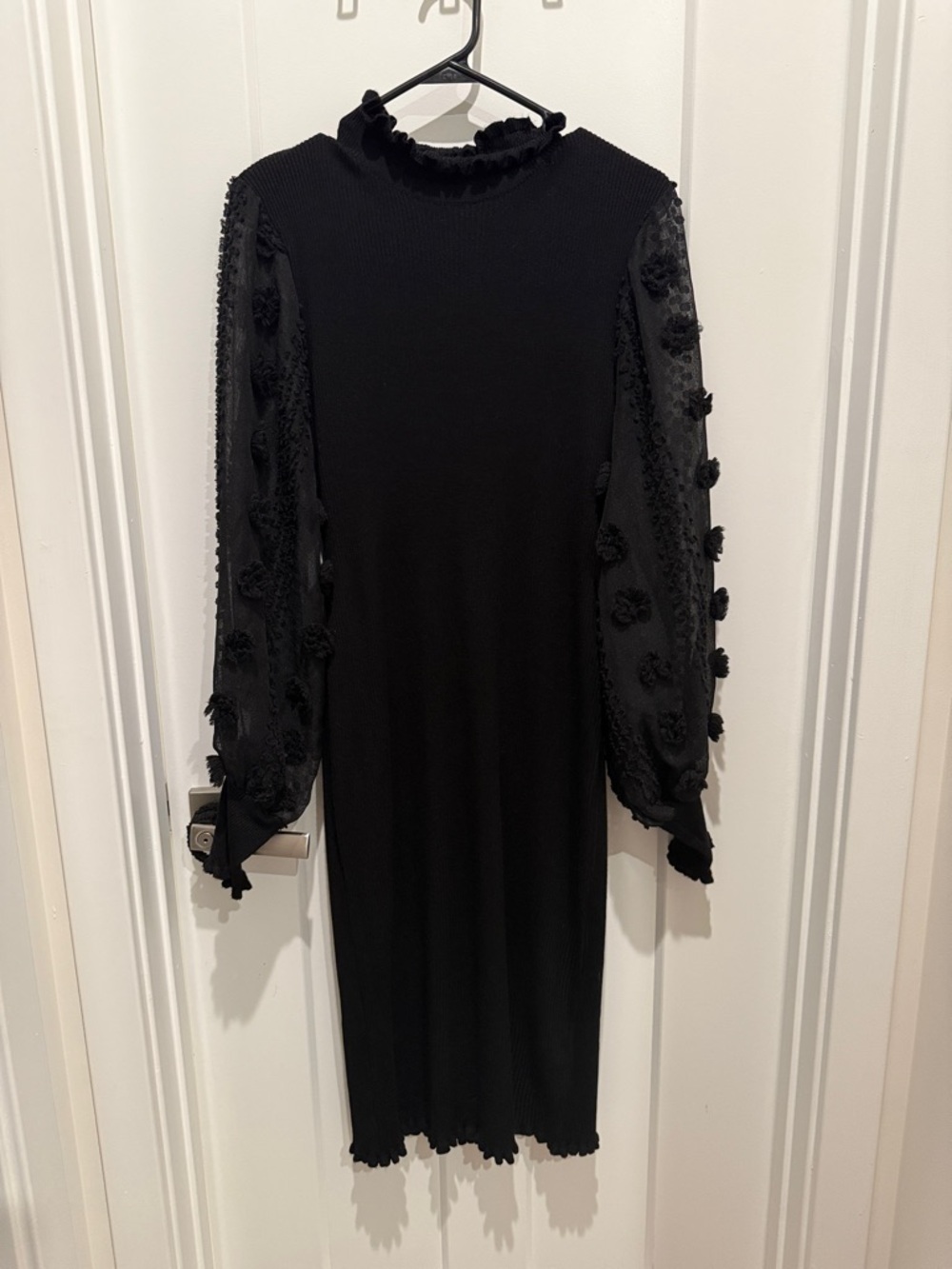 Almost Famous Black Ribbed Bodycon Dress with Sheer Puff Sleeves - Picture 4 of 7